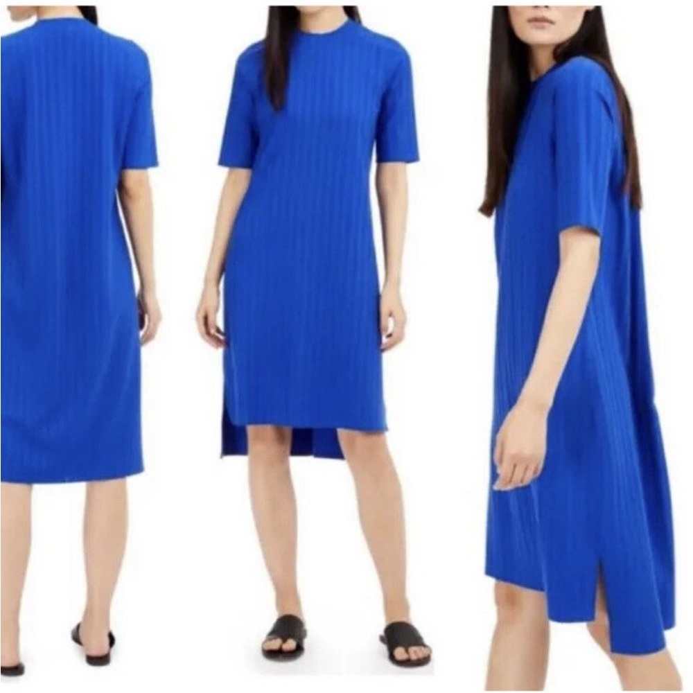 Eileen Fisher Royal Blue Ribbed Mock Neck Midi Dress Short Sleeve Large